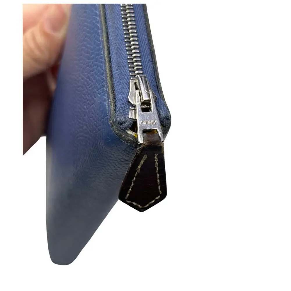 Hermès Blue Epsom Leather Silk In Long Zip Wallet Yellow Interior - Picture 16 of 16